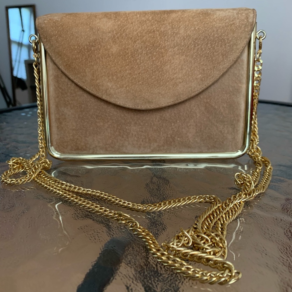 Vintage Suede Tan Evening Purse Gold Chain